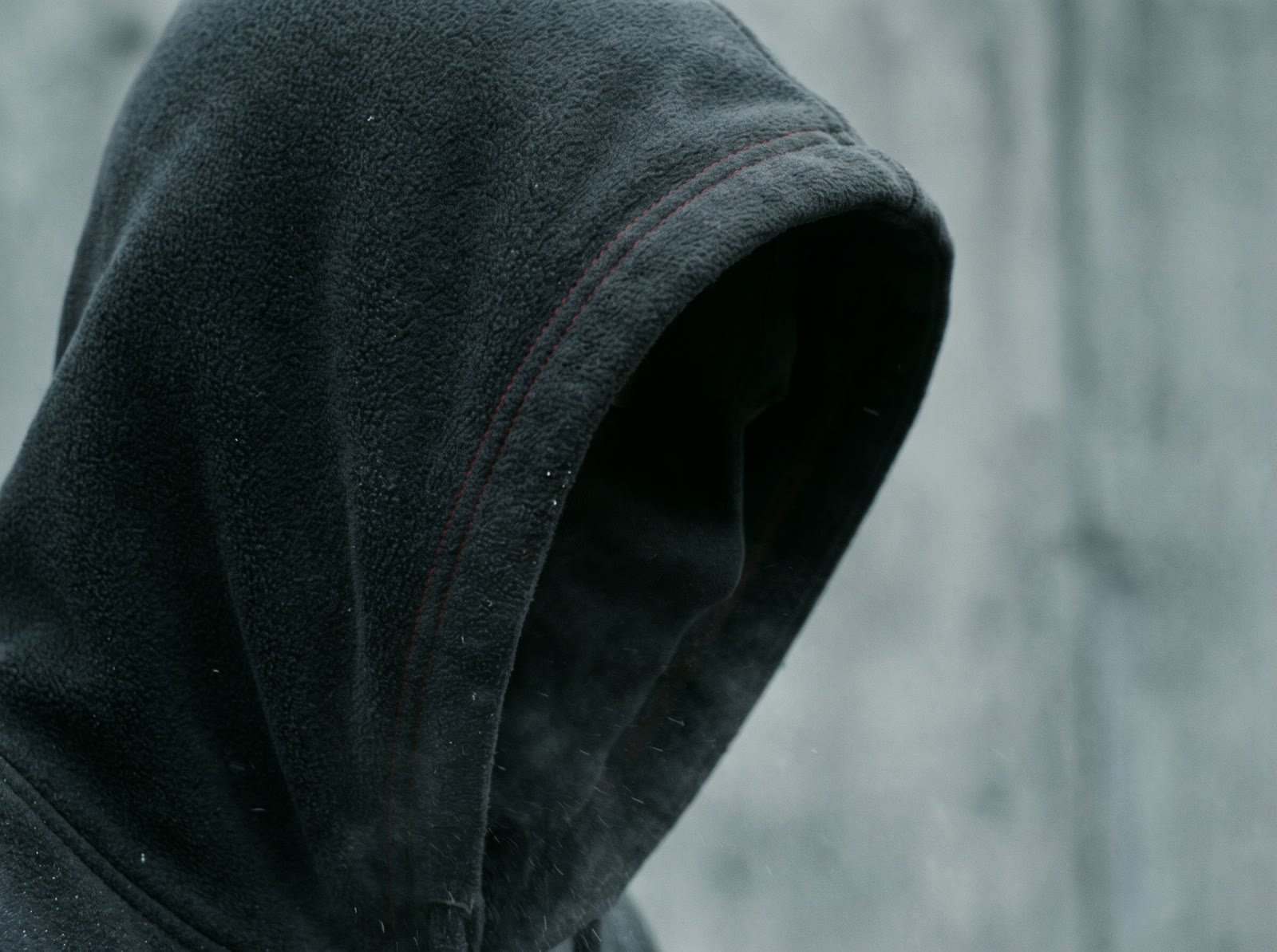 Gros plan sur la capuche doublée du hoodie STRAINCO, relevée, sous une lumière dure